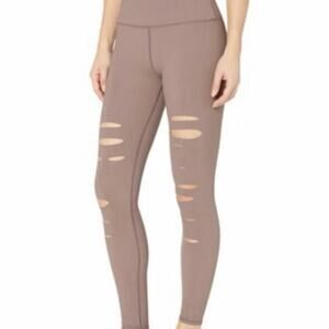 Alo Yoga High Waist Cutout Distressed Leggings Taupe Performance Gym Athleisure